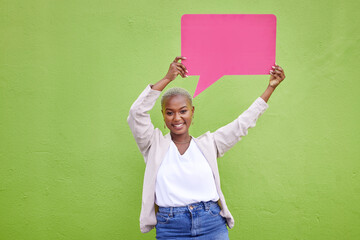 Black woman, speech bubble and portrait for poster, space or mockup with opinion by green wall...