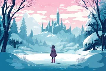 Deurstickers little child walk to big castle in winter landscape illustration © krissikunterbunt