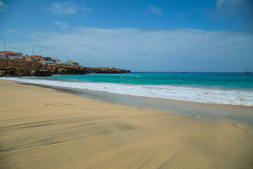 Beautiful beach in Maio Island in Cape Verde. With their soft sands, azure waters, and tranquil ambiance, they offer a serene tropical paradise.