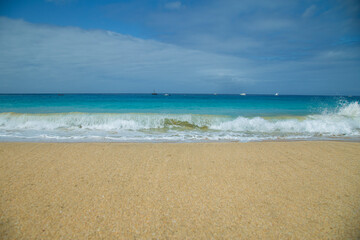 Beautiful beach in Maio Island in Cape Verde. With their soft sands, azure waters, and tranquil ambiance, they offer a serene tropical paradise.
