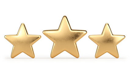 Three golden stars on a white background. 3D illustration