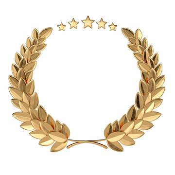 Golden laurel wreath with stars on a white background. 3D illustration