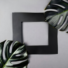 Black frame with tropical leaves. Flat lay, dark nature concept, copy space, top view.