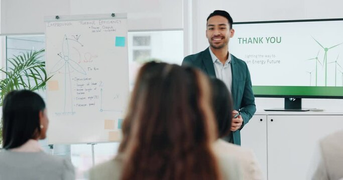 Presentation, man and a handshake in a meeting with business people for a welcome, thank you or deal. Workplace sustainability, Asian employee and greeting a group and shaking hands at a workshop