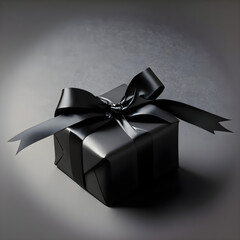 Decorative black gift box with long ribbon on black background. 