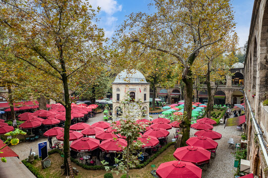 Koza Han architecture, a historic caravanserai in Bursa, Turkey.