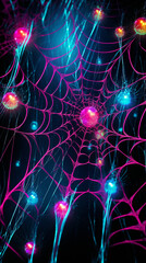 Celebration halloween holiday backdrop, huge multicolored in neon light spider web.