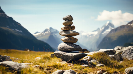 Stacked stones in the peaceful mountains. Generative AI