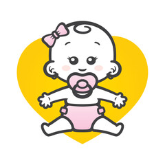 Vector yellow heart sign with cute little girl. Full length figure with hair bow and pacifier. Isolated white background.