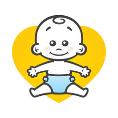 Vector yellow heart sign with cute little boy. Full length figure. Isolated white background.