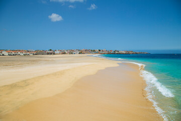 Beautiful beach in Maio Island in Cape Verde. With their soft sands, azure waters, and tranquil ambiance, they offer a serene tropical paradise.