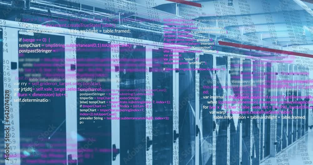 Poster animation of computer language over connected dots on server racks in server room
