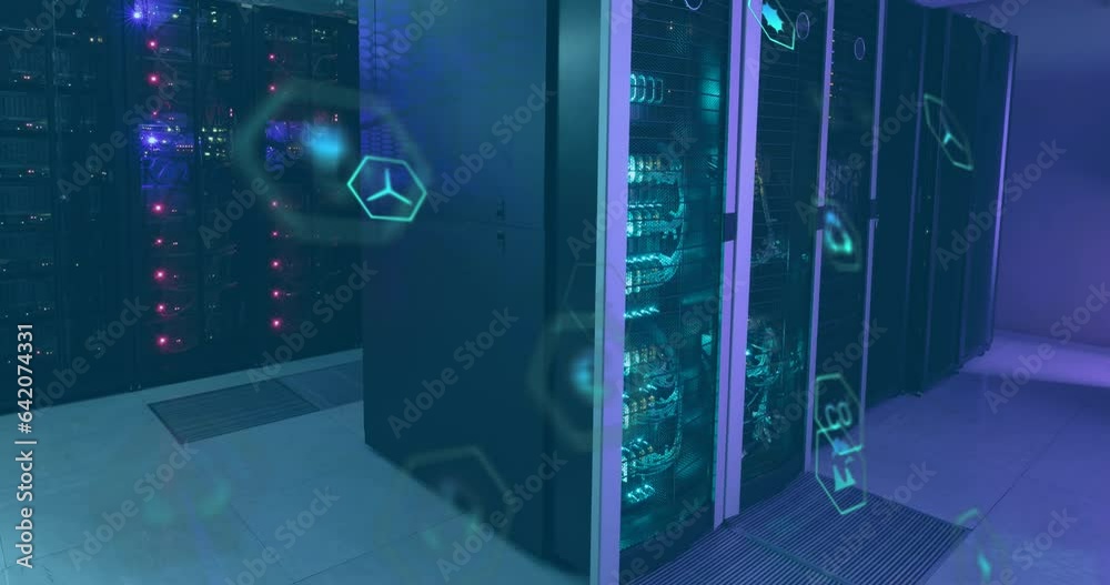 Poster animation of icon in hexagons over data server racks in server room