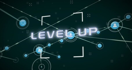 Animation of viewfinders with level up text and connected people and message icons - Powered by Adobe
