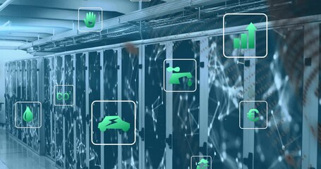 Animation of green technology icons and connected dots on data server racks - Powered by Adobe