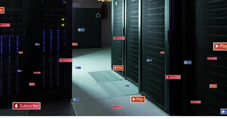 Animation of notification icons over data server room - Powered by Adobe