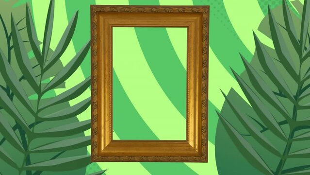 Animation of empty picture frame with leaves and trees on striped green background