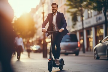 Young businessman driving eco friendly e-scooter in a in the middle of a urban city street.