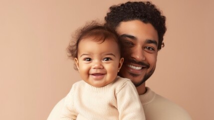 A multicultural father and his precious baby in a studio setting. Generative AI