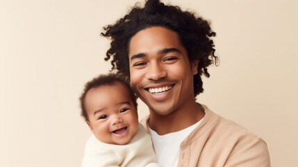 A happy multicultural dad poses lovingly with his adorable baby. Generative AI