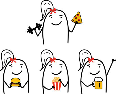 Thumb man. A very happy girl. Working out and eating pizza. Enjoying a sandwich. Eating popcorn watching a movie. Drinking beer with friends. New set of characters in the style of meme flork.