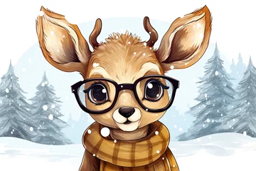 Fototapeten cute little deer with sunglasses on winter landscape illustration © krissikunterbunt