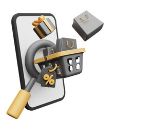 discount illustration with smartphone, gift box, shopping cart, price tag, shopping bag and search icon