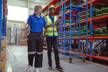 Distribution warehouse manager and client use digital tablet checking inventory on shelves. Storehouse supervisor and logistic engineer standing at storage room. Diverse ethnic people working together
