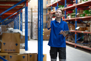 Fototapeta na wymiar Distribution warehouse worker using digital tablet inspecting inventory stock on shelf. Female store supervisor or logistic engineer working at storage room in storehouse. Goods delivering management