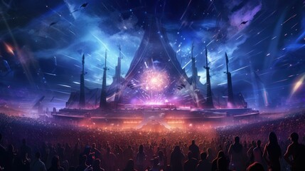 a huge crowd of people dancing on stage at a music concert with epic lights and fireworks on the arena stadium. alien galaxy performance. desktop wallpaper background, 16:9, 4k. Generative AI