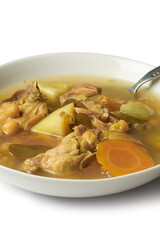 side view fresh chicken vegetable soup in bowl isolated on white background, comforting and nutritious meal with delicious taste and healthy benefits, selective focus with copy space