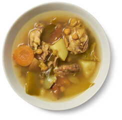 fresh chicken vegetable soup in bowl isolated on white background, comforting and nutritious meal with delicious taste and healthy benefits, taken straight from above  