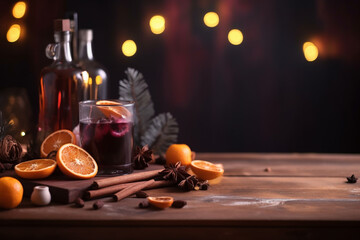 Ingredients for preparing traditional mulled wine, Christmas blurred background, copyspace. Generative AI