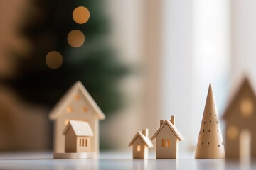 Mini minimalistic wooden interior decorative houses, Christmas blurred background. Generative AI