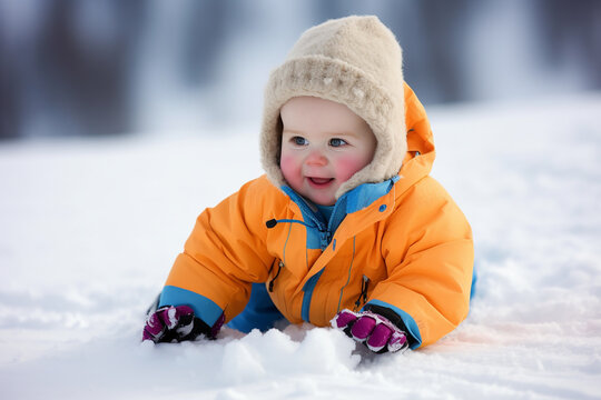 Cute happy little baby playing outdoors in winter snow. Generative AI