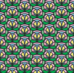 Floral kaleidoscope seamless pattern. Abstract stained glass effect style. Geometrical flower shape, colorful grid background. Vector