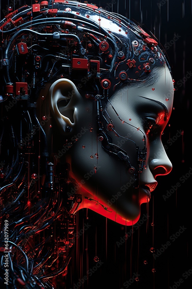 Wall mural a womans head with red and black wires. generative ai art.