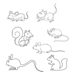 Set of outline drawing mice illustration.