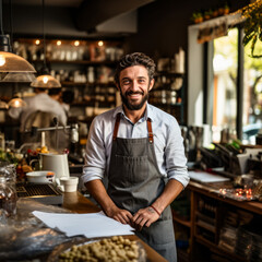 Fototapeta premium European appearance cafe administrator smiling at work in an apron
