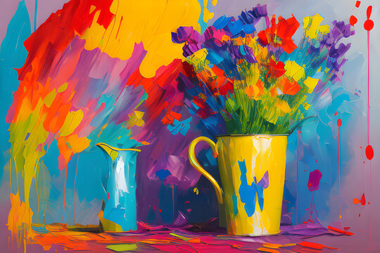 Multicolored oil painting portrait of flowers. Digital painting.	
