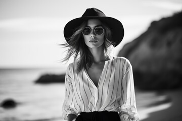 Stylish lady on the coast, black and white