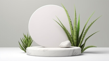 white stone stand podium decorating with green nature tree leaf pot free space for sample product sdvertising mockup backdrop,ai generate