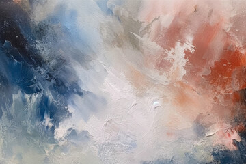 Atmospheric Reverie: Abstract Art Blending Hazy Blue, Red, and White with Soft, Textured Amber and Gray. 