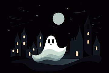 cute cartoon halloween ghost illustration at night outside