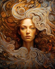 Meditative woman lost in her thoughts and emotions. Shapes, spirales, vortex, gears are morphing and mutating into her mind. Beautiful spirituality concept of being centered, in the universe.