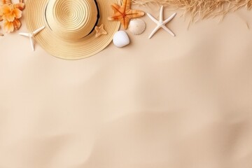 Frame of straw hat and seashell on sand