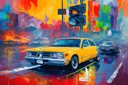 Multicolored oil painting portrait of yellow car. Digital painting.	
