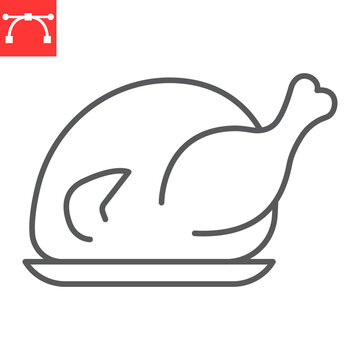 Roasted chicken line icon, thanksgiving and holidays, roasted turkey vector icon, vector graphics, editable stroke outline sign, eps 10.