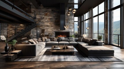 Modern living room furnished in brown color with stone decoration and large windows to nature