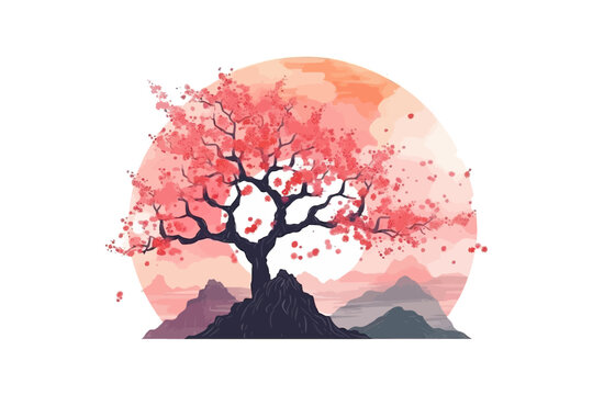 Artistic landscape with cherry tree. Vector illustration design.